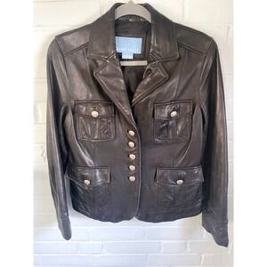 Nine West Black Leather Military Style Blazer Jacket Women's Size Medium